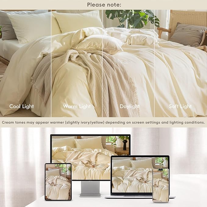 MooMee Bedding Duvet Cover Set 100% Washed Cotton Linen Like Textured Breathable Durable Soft Comfy (Solid Cream White, Queen 90"x90")