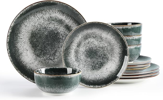 Sweejar Dinnerware Sets Service for 4,12 pcs Porcelain Plates and Bowls for Kitchen, Housewaring Gift,Chip and Scratch Resistant Dish Set,Handmade Dishwasher and Microwave Safe Plate Set,Dark Green