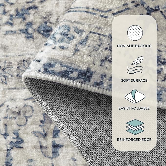 Lahome Oriental Kitchen Runner Rug Non Slip, 2x5 Washable Hallway Runner with Rubber Backing, Vintage Hallway Rug Ultra-Thin Soft Carpet for Bedroom Bathroom, Blue