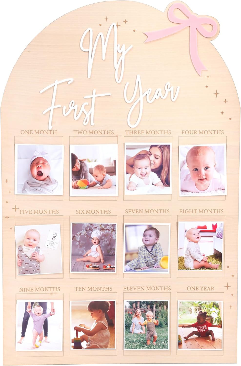 WAUAO My First Year Birthday Board - Monthly Milestone Wood Photo Display for Girls | 12 Months of Memories
