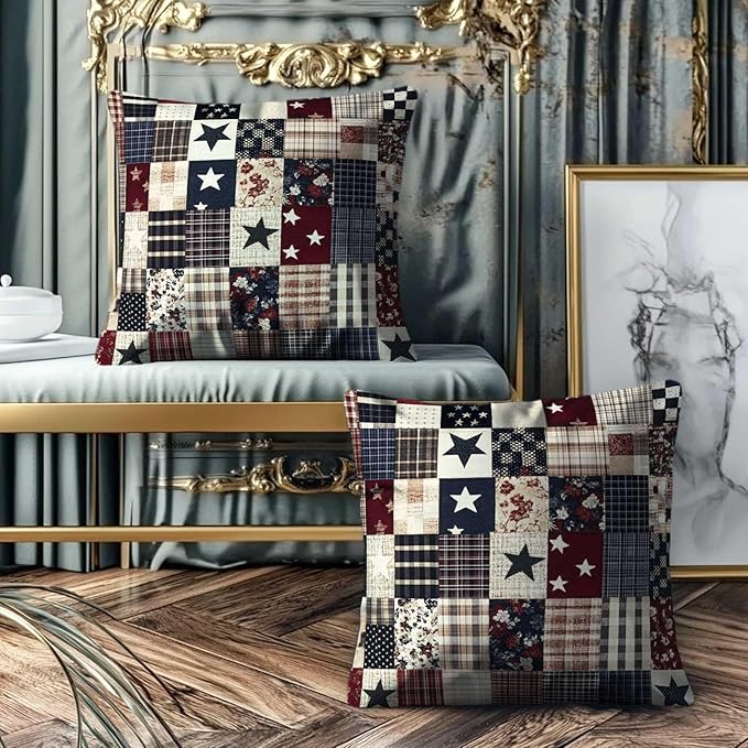 Printed Faux Patchwork Americana Throw Pillow Covers Set of 2 | Country Decorative Square Cushion Cases for Couch and Living Room | 18x18 Inches | Farmhouse Pillow Cases for Home Decor