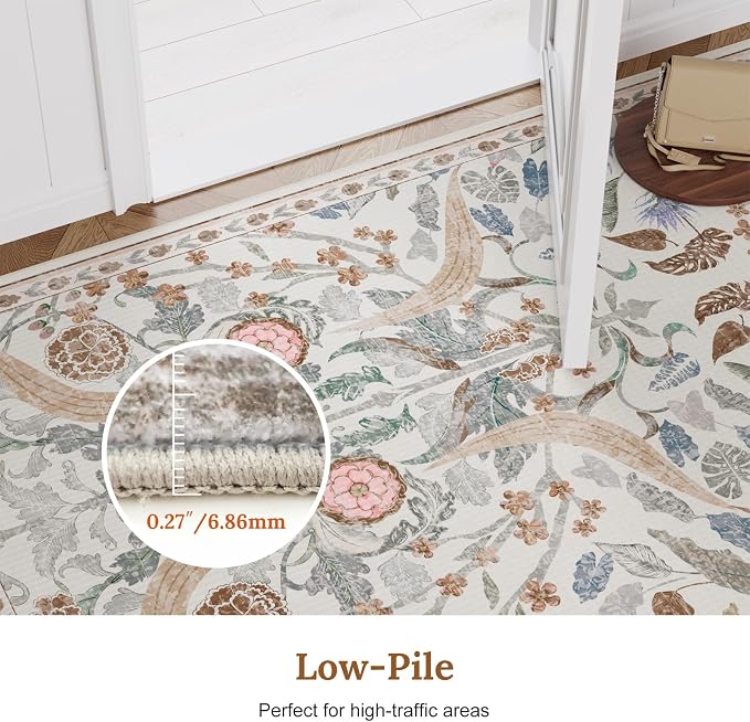 AMTOVO 6x9 Washable Area Rugs for Living Room, Non-Slip Large Soft Boho Floral Vintage Accent Print Carpet for Bedroom Dorm Nursery Room Dining Room Farmhouse Home Office, Beige