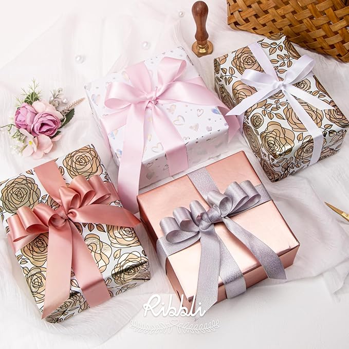 Ribbli Rose Gold Mother’s Day Wrapping Paper Mini Roll, 3 Rolls Happy Birthday Floral Heart Gift Wrap for Women Girl Friend Wedding - 17 inch x 120 inch(10feet) Per Roll