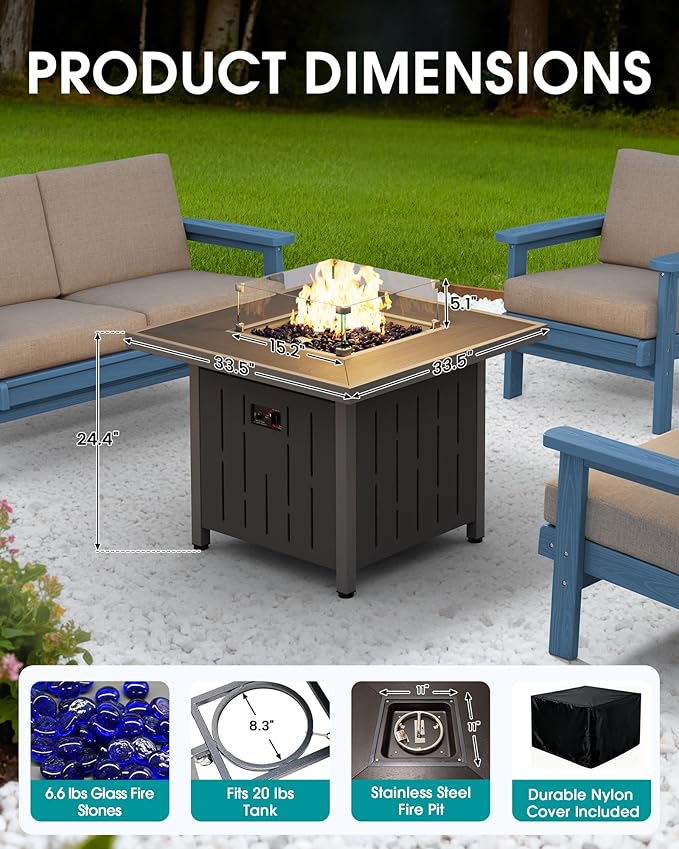 SERWALL 33" Outdoor Fire Pit Table, 50,000 BTU Square Propane Fire Pit Table with Lid, Glass Rock & Glass Wind Guard, HDPE Outdoor Furniture for Patio, Garden, Backyard, Black