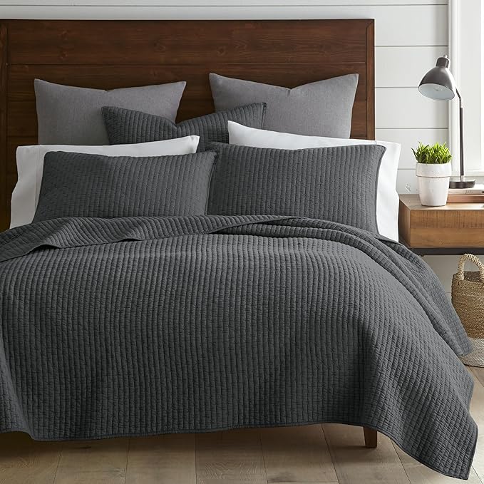 Levtex Home Cross Stitch Reversible Twin XL/Twin Quilt Set (68x86in) and 1 Pillow Sham (26x20in) - Stitch Texture - Charcoal - 0 Cotton Twin/Twin Size Quilt Bedding Set - Lightweight Soft Pre-Washed