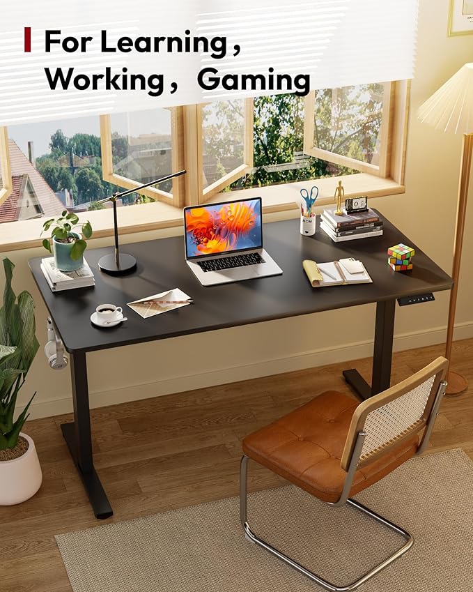 SANODESK Electric Standing Desk 55 x 28 Inches Whole-Piece Desktop Height Adjustable Stand Up Desk w/6-Button Controller Ergonomic Computer Desk for Home Office, Black Frame + Black Tabletop