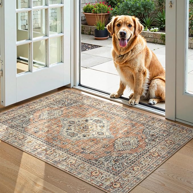 Lahome Oriental Door Mat Indoor Entrance, 2x3 Washable Fall Indoor Rugs for Entryway Soft Small Kitchen Rugs Non Slip Ultra-Thin, Vintage Door Mat Carpet for Bedroom Bathroom, Peach/Orange