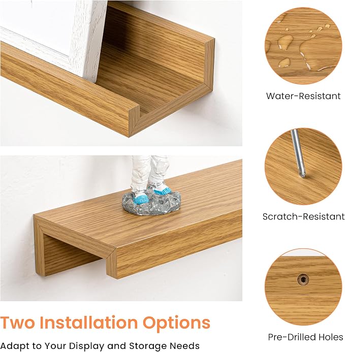 RICHFOCUS Picture Ledge Shelf, 48 inch Floating Shelves Set of 2, Wood Wall Shelves with Lip, Wall Decor Storage for Bedroom Living Room Bathroom Kitchen Nursery Photo Picture, Oak