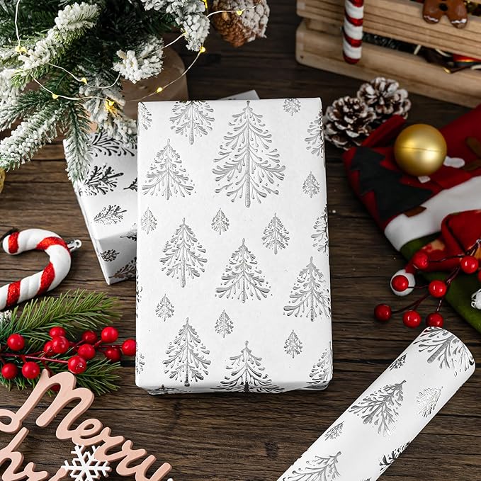 Flyhill Kraft Christmas Wrapping Paper,Silver Gold 3D Embossed Foil Christmas Tree with Woodlands Wrap Paper for Holiday, Party,Celebration, New Year (17 Inch X 32.8 Feet)