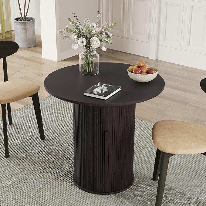 31.5" Round Dining Table for 2-4, Modern Kitchen Table with 2-Tier Storage Shelf, Small Wooden Circle Dining Tables with Fluted Base for Home Dining Room Living Room (Blackened Brown)