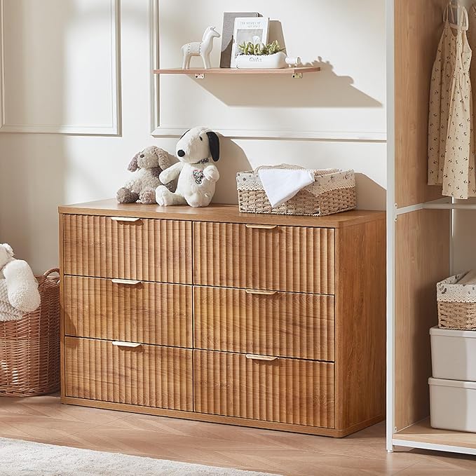 LEYAOYAO Fluted 6 Drawers Dresser Set of 2, 48" Wide Modern Chest of Drawers with Woodgrain Top, Curved Profile Design, Dresser TV Stand, Wood Drawer Organizer for Bedroom, Living Room, Hallway,Brown