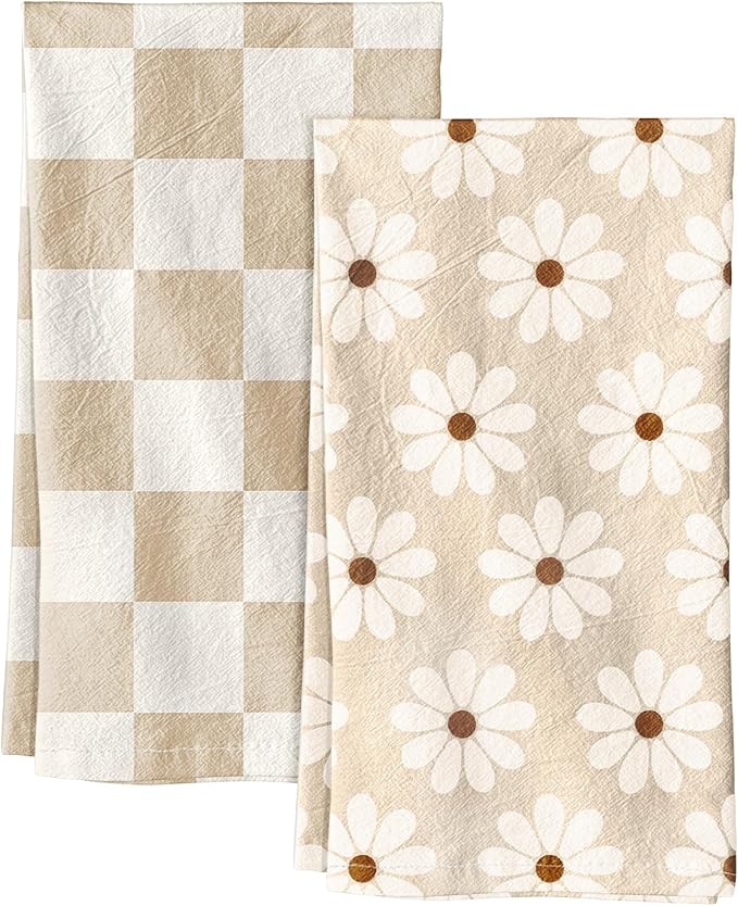 Miss Adola 2 Pack Flour Sack Kitchen Towels - 16x26 Inch Cotton Dish Towels with Hanging Loop Reusable Geometric Boho Modern Retro Tea Towel Absorbent Dishcloths Home Decor, Beige Checkered Flower