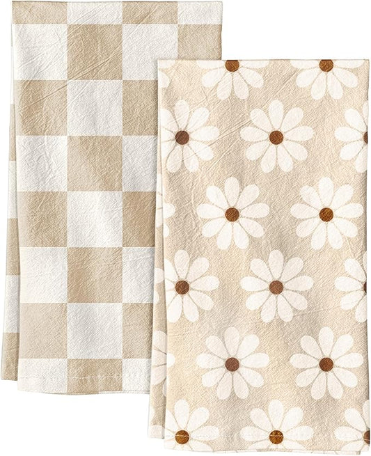 Miss Adola 2 Pack Flour Sack Kitchen Towels - 16x26 Inch Cotton Dish Towels with Hanging Loop Reusable Geometric Boho Modern Retro Tea Towel Absorbent Dishcloths Home Decor, Beige Checkered Flower