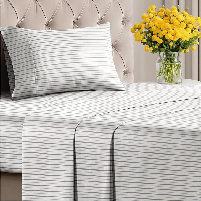 Striped Sheets - Light Grey & White Striped Sheets - 1 Flat & 1 Fitted & 1 Pillowcase w/ Deep Pockets – Wrinkle & Fade Free - Soft, Breathable & Cooling – Luxury Pinstripe Bedding - Twin Size Bed Set