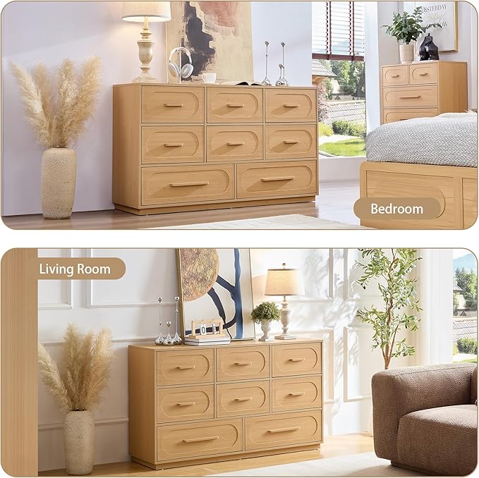 8 Drawers Dresser for Bedroom, 54" Wide Dressers & Chests of Drawers w/Solid Wood Handle, Mid Century Dresser TV Stand w/Natural Texture for Bedroom, Living Room, Natural Oak