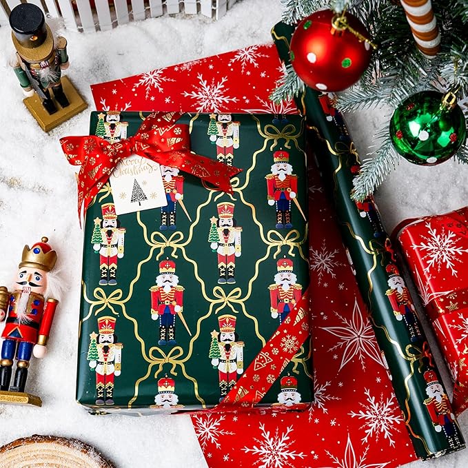 MAYPLUSS Christmas Wrapping Paper Roll - 17IN X 33FT - Green Gift Wrapping Paper Featuring Nutcracker Christmas Tree Bow Reversible Snowflake for Kids, Holiday, New Year