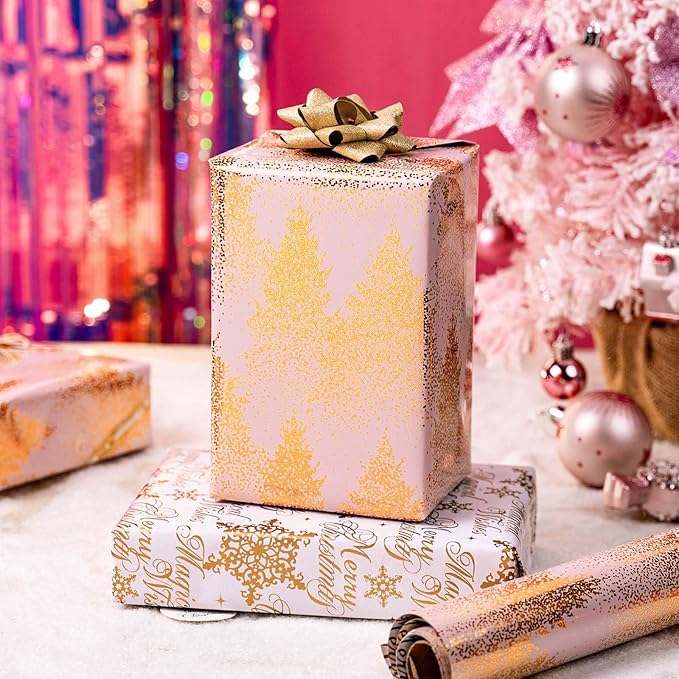 MAYPLUSS Christmas Wrapping Paper Roll, 17 Inch X 16.5 Feet Gift Wrapping Paper Featuring Gold Tree Reversible Snowflake Merry Christmas Thick Wrap Paper for Holiday Party New Year Kids