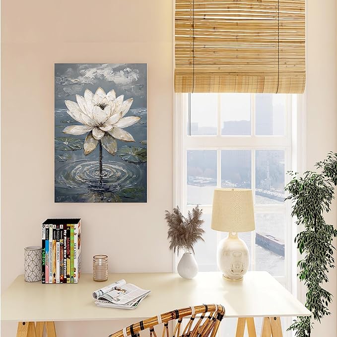 Stunning white lotus emerges from prismatic water with delicate petals background Serene aquatic wall art suitable for modern minimalist decor 28x40in Wood Framed