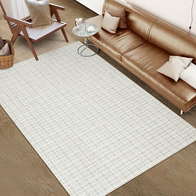 Washable Area Rug 5x7 Rug for Living Room Modern Large Area Rug for Bedroom Aesthetic Non Slip Throw Rugs Soft Faux Wool Low Pile Stain Resistant Carpet for Dining Room 5'x7' Light Grey