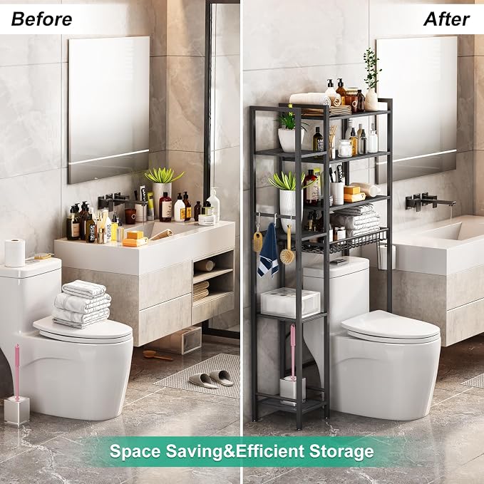 Kalrin 8-Tier Over The Toilet Storage with Side Rack, Over Toilet Storage Rack with Adjustable Shelf & Drain Basket, Freestanding Bathroom Organizer for Balcony, Laundry (Pure Black)
