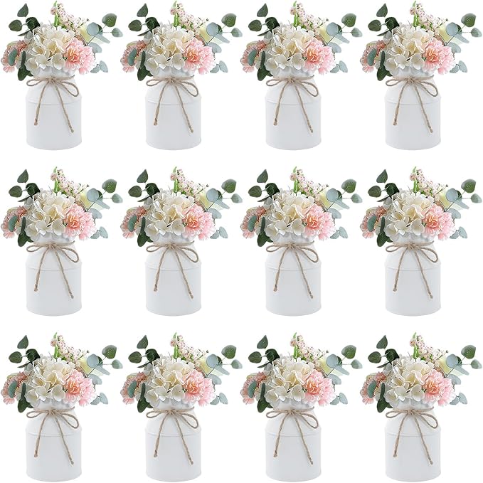 Flower Vase Decor, Farmhouse Metal Galvanized Milk Can Jug Vase with Bow, Flower Buckets for Artificial Flowers for Table Centerpiece Weddings(White)