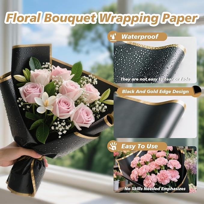 20PCS RAINFLOW Flower Wrapping Paper - Floral Bouquet Wrapping Paper Waterproof Florist Supplies Wedding Birthday Valentine'S Day Gift Flower Packaging Black Gold,22.8x22.8 Inch