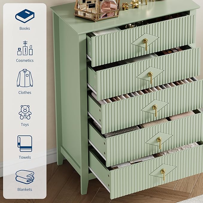 GarveeHome Fluted Dresser for Bedroom, 42.9" Tall 5-Drawer Wood Dresser, Modern Chest of Drawers, Storage Organizer Cabinet for Living Room, Hallway, Entryway, Green