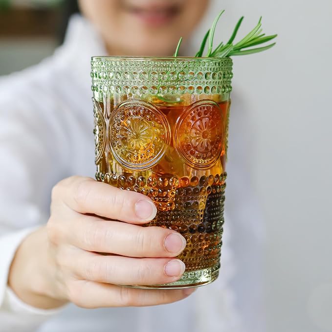 Hobnail Beaded Floral Green Drinking Glasses Set of 6, (13 oz) Vintage Glassware Set by Kate Aspen| Cocktail Glass Set, Juice Glass, Water Cups | Great Hostess Gift & Gift for New Home Owners