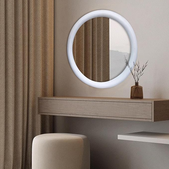 Wall Mirror,Solid Wood Frame Vanity Mirror, Farmhouse Decorative Wall Mirror for Bathroom, Bedroom, Living Room & Entryway, Vertical/Horizontal Hanging, 18x18" RND White Antique ,Wood & Glass