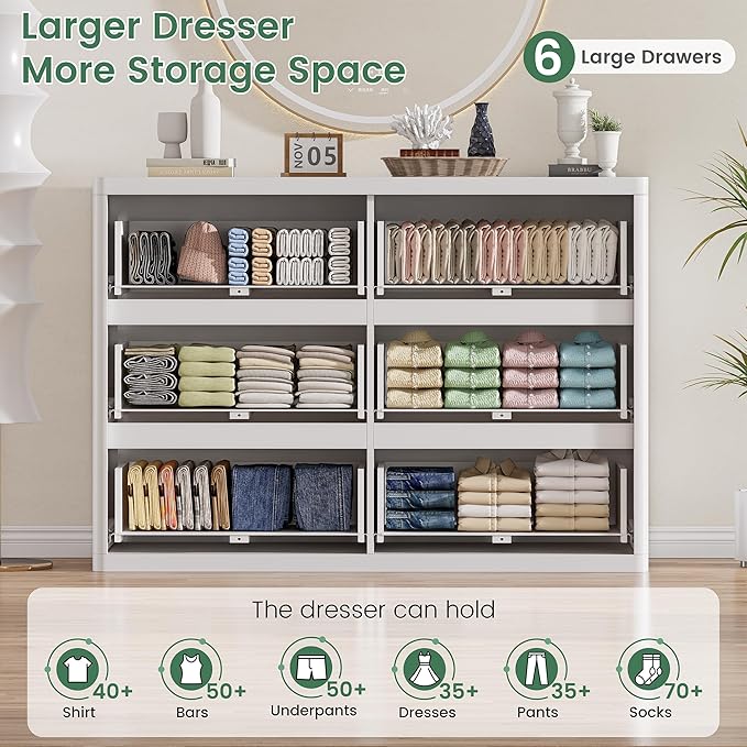 Fluted 6 Drawers Double Dresser, White Dresser for Bedroom, Modern Chest of Drawers with Handleless, Curved Profile Dressers TV Stand, Wood Storage Organizer for Living Room, Hallway