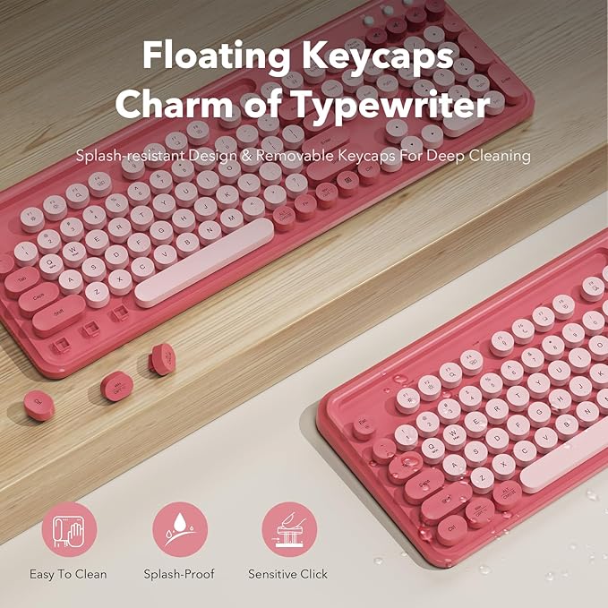 Wireless Keyboard and Mouse Combo with Phone/Tablet Holder, Cute Full-Size Typewriter-Style Keyboard, Retro Round Keycaps, 3-Level DPI Mouse, 2.4GHz Cordless Connection for Windows/PC/Laptop (Pink)