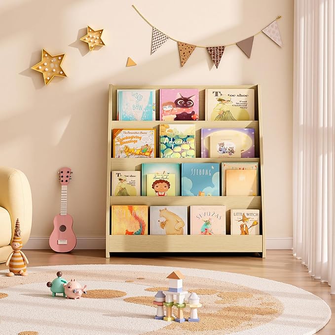 Tatub 4 Tier Kids Wooden Bookshelf, Toddler Sling Bookcase Montessori Bookshelf, Children Front Facing Book Shelf for Nursery, Playroom and Classroom, Natural Wood