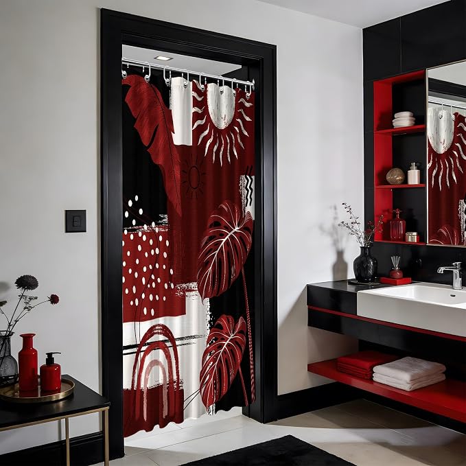 Small Stall Narrow Shower Curtain Black and Red Stand Up Burgundy Abstract Boho Shower Curtains for Rv Camper Bathroom Decor Sets, Waterproof Cloth Fabric with Hooks, 48 x 72 Inch