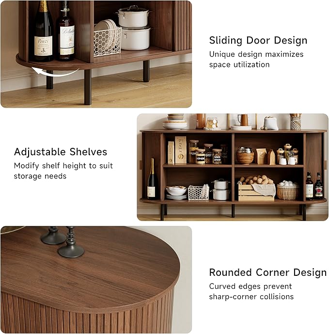 Buffet Sideboard Cabinet with Storage, 63" Fluted Cabinet with Sliding Door & Adjustable Shelf, Modern Accent Coffee Bar Console Table for Kitchen, Entryway, Walnut