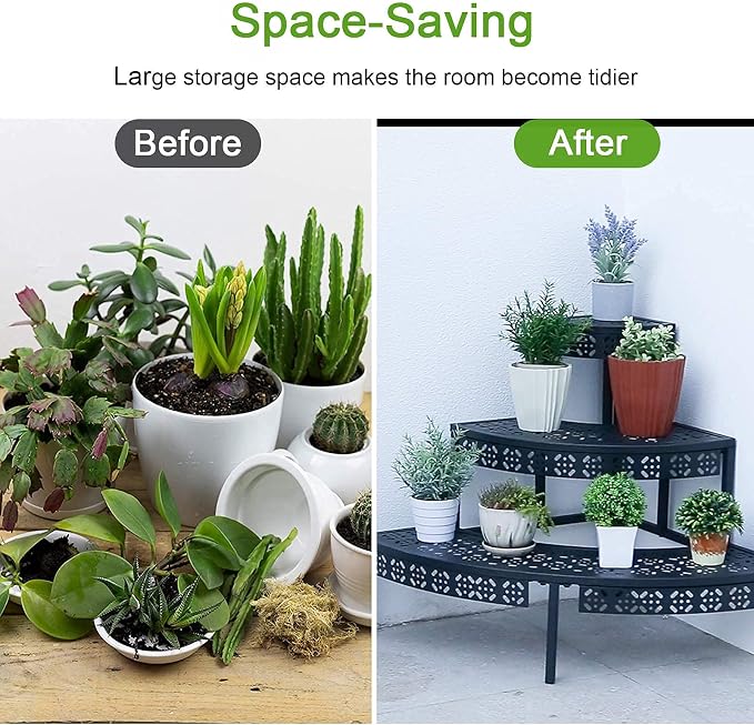 3 Tier Plant Stand Semi-Circular Flower Pot Organizer Rack Quarter Round Plant Display Holder Outdoor Storage Shelves Metal Corner Shelf Planter Shelving Ladder Plant Stand for Indoor Use(Black)