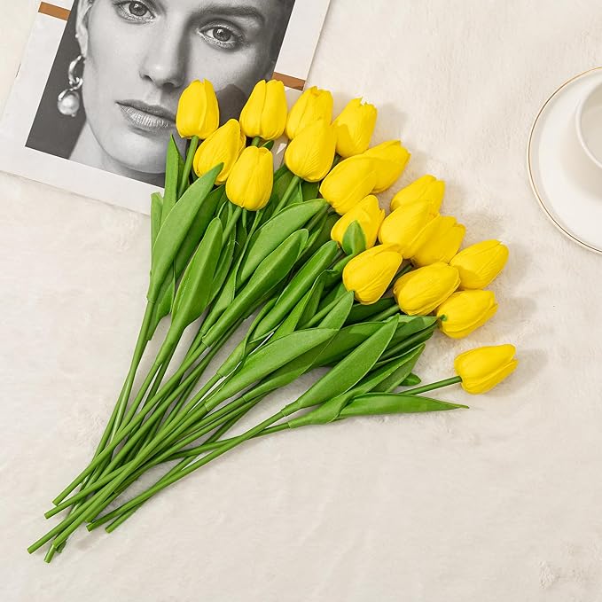 KAOYOO 18PCS Artificial Tulip Flowers Bouquet - Faux Latex Tulips for Home Decor,Office Desk,Kitchen Table,Wedding Centerpiece,Party,Spring Decoration(Yellow,18 Pack)