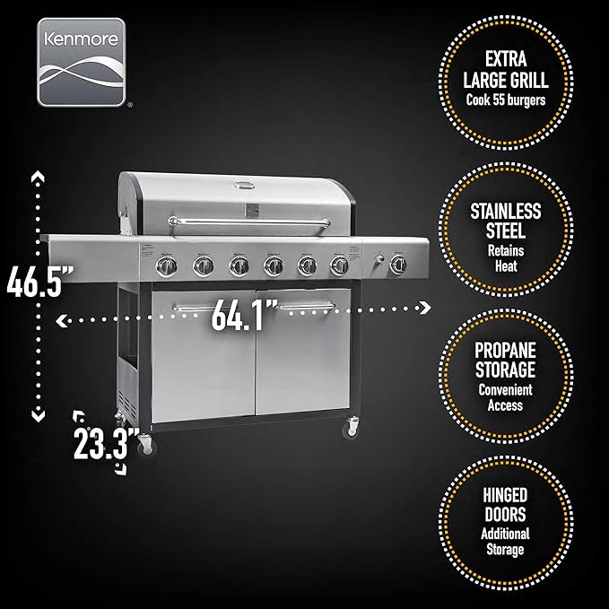 Kenmore 6-Burner Propane Gas BBQ Grill with Side Burner, 73,000 BTUs, Stainless Steel Cabinet Grill with Cast Iron Grates for Outdoor Cooking, Backyard BBQ, Patio, Large Parties
