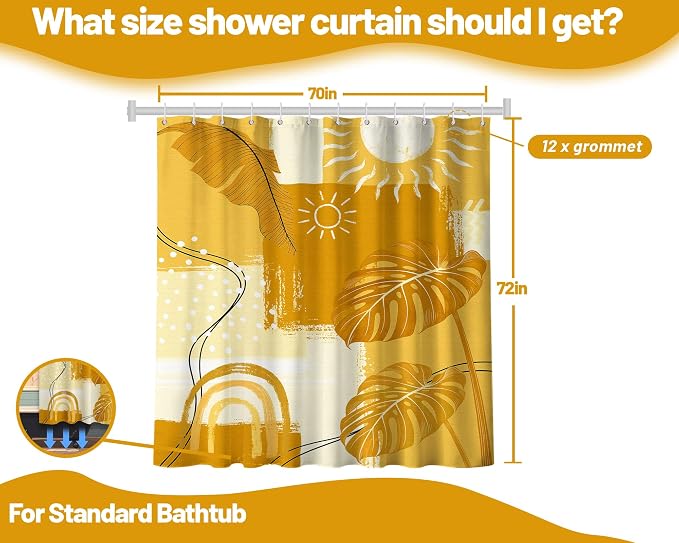 Mustard Yellow Shower Curtain Light Bohemian, 70x72 Inchs | Abstract Design, Mid Century Modern Pattern Theme, Boho Bathroom Decor Sets, Waterproof Cloth Fabric, with 12 Hooks