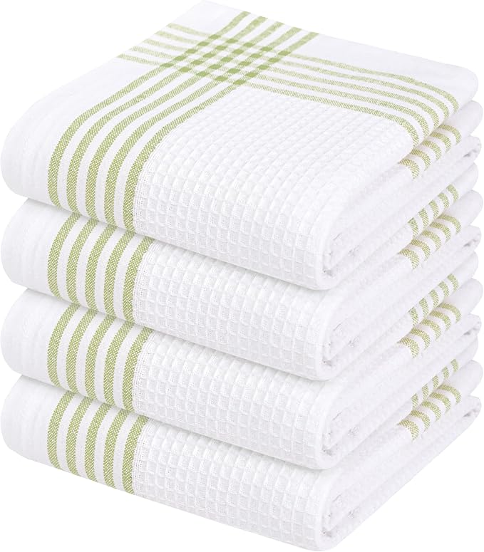 Waffle White & Lemon Green 4 Pack Kitchen Towels, 100% Cotton, 16x26 inches, Everyday Use Dish Cloths Set, Durable and Absorbent Hand Towel, Ideal for Drying Dishes, DIY Embroidery