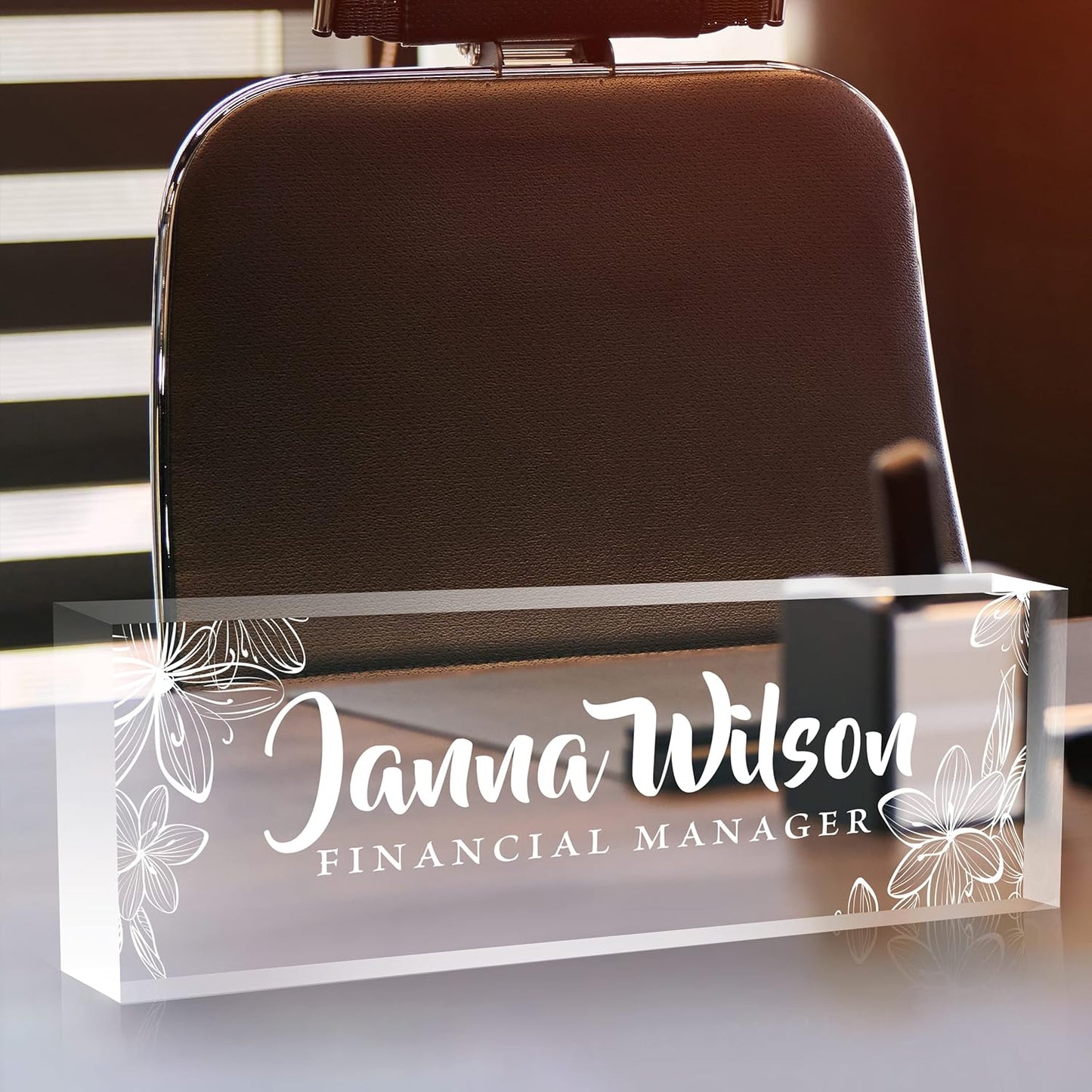 Skiennix Personalized Desk Name Plate - Custom Acrylic Glass Office Decor | Engraved Flower Design