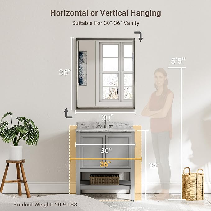 Brushed Nickel Bathroom Mirror, 30x36 Inch Beveled Framed Bathroom Mirror Anti-Rust, Brushed Nickel Metal Frame Bathroom Vanity Mirror for Wall, Vertical/Horizontal Wall-Mounted Mirrors