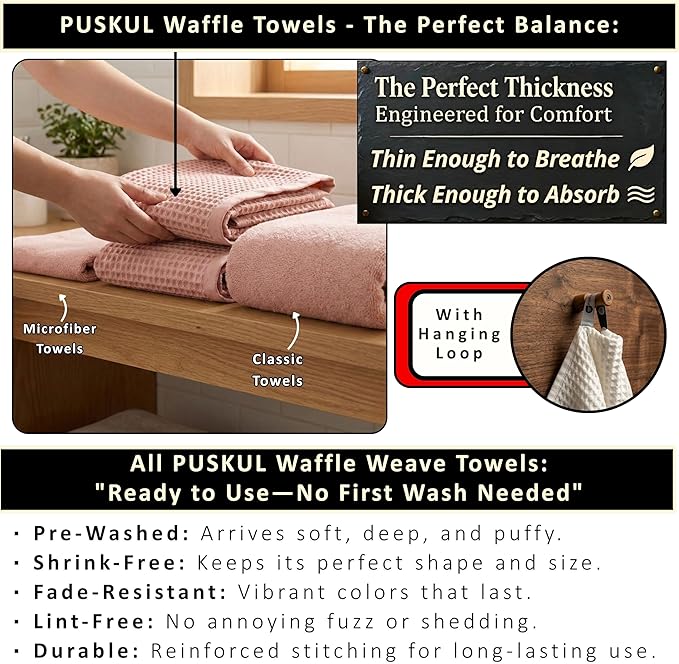 PÜSKÜL Natural 100% Turkish Cotton Waffle Bath Towels Set of 2-Piece | 32x63 inch Extra Large Absorbent Quick-Dry Lightweight Spa Towel | Luxury Sauna Accessories (Pink Powder Bath Towels - Pack of 2)