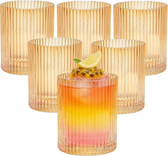 14 oz Ribbed Drinking Glasses Set of 6, High Clear Vintage Iced Coffee Cups Elegant Glassware, Highball Glass Cups Ridged Glass Tumbler for Cocktail, Whiskey, Beer, Water, Juice, Origami Style Amber