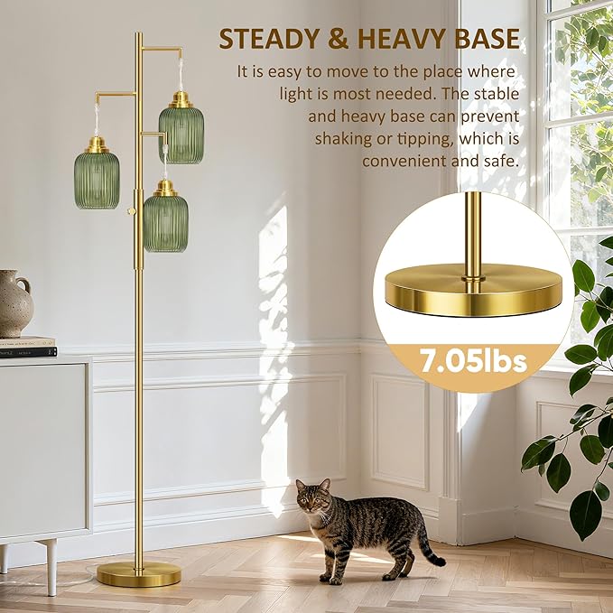 ROTTOGOON Dimmable Gold Floor Lamp for Living Room- 3 Light Green Glass Floor Lamps, Vintage Brass Tree Floor Lamps with 3X 6W LED Bulbs, Modern Standing Tall Lamp for Bedroom, 68", Gold & Green Glass