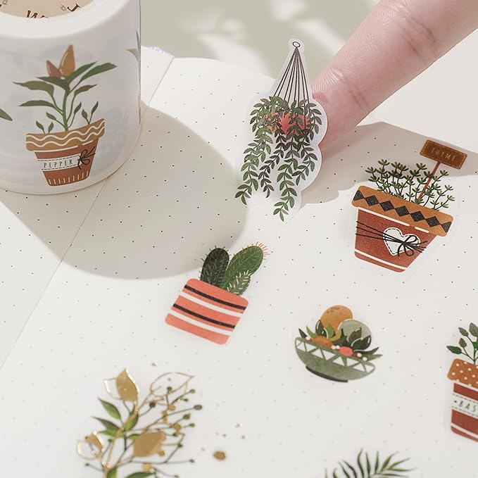 WT Green Oasis Washi Sticker Set, 3 Rolls, Original Designs, Pastel Decorative, Plants Sticker, Gold Foil, Bujo Planner Supplies, DIY Paper Stickers