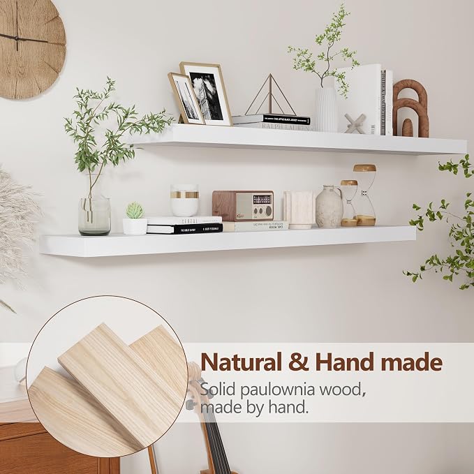 fuqing White Floating Shelves 48 Inch Set of 2, Solid Wood Wall Mounted Shelves 48 Inches Long, Modern Floating Shelves for Bedroom Living Room Bathroom - White