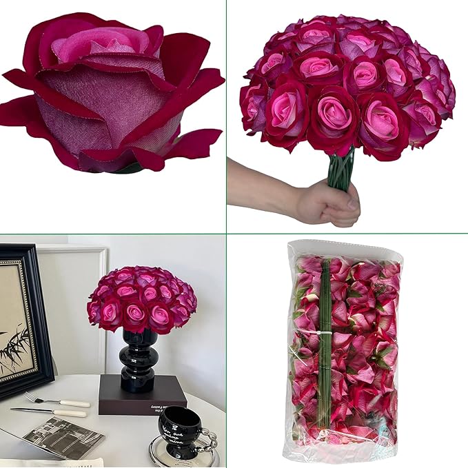 FagusHome 30 Pcs Silk Rose Artificial Flowers Roses Bulk Bouquet Fake Flowers Rose Heads with Stems for Home Wedding Decor (Red Pink)