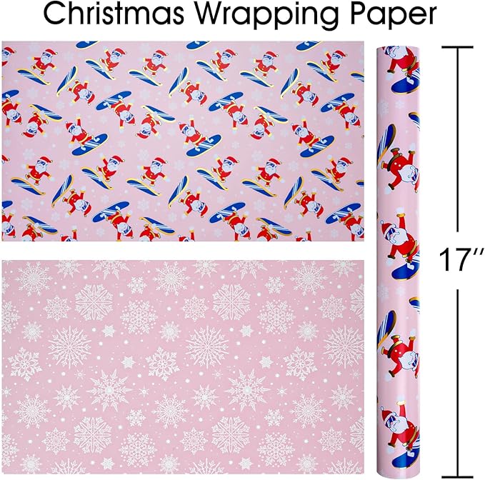MAYPLUSS Christmas Wrapping Paper Roll - 17 Inch X 33 Feet - Skiing Santa Claus Gift Wrapping Paper Reversible Snowflake Thick Wrap Paper for Holiday Party New Year Kids