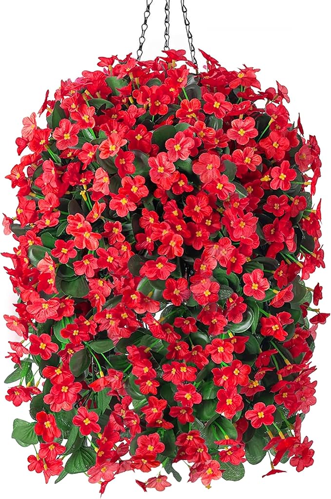 HyeFlora Artificial Fake Red Hanging Flowers Plants Basket for Outdoor Outside Winter Christmas Decor, Faux Silk Daisy Flower Look Real UV Resistant Orchid Vine Plant for Porch Garden Yard Patio Home