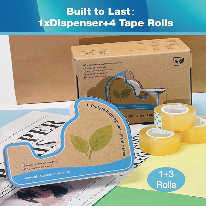 Tape Dispenser Desk，Plastic-Free Tape Dispenser with 4 Rolls 3/4 in x 640 in Transparent Tape, Tape Dispenser Desk for Gift Wrapping, Office, Home, School
